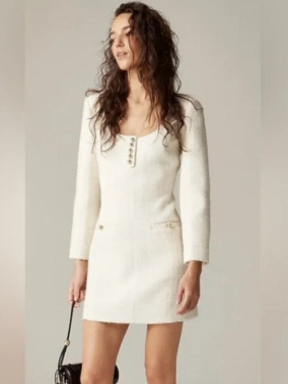 NWT J. Crew Sophia Scoop Neck Tweed Dress Ivory Cream Gold Buttons Size 14